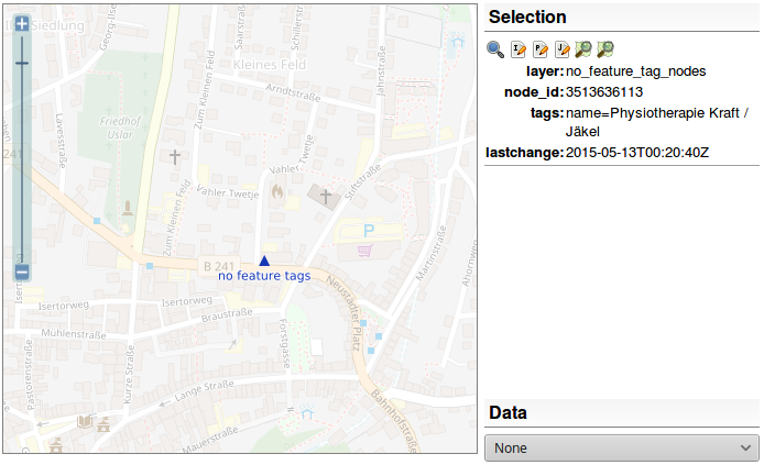 screen shot of OSM Inspector showing a node which onyl has a name tag
