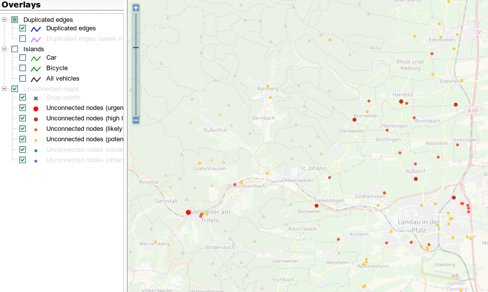 Screenshot of the OSM Inspector Routing view around Landau/Pfalz, Germany