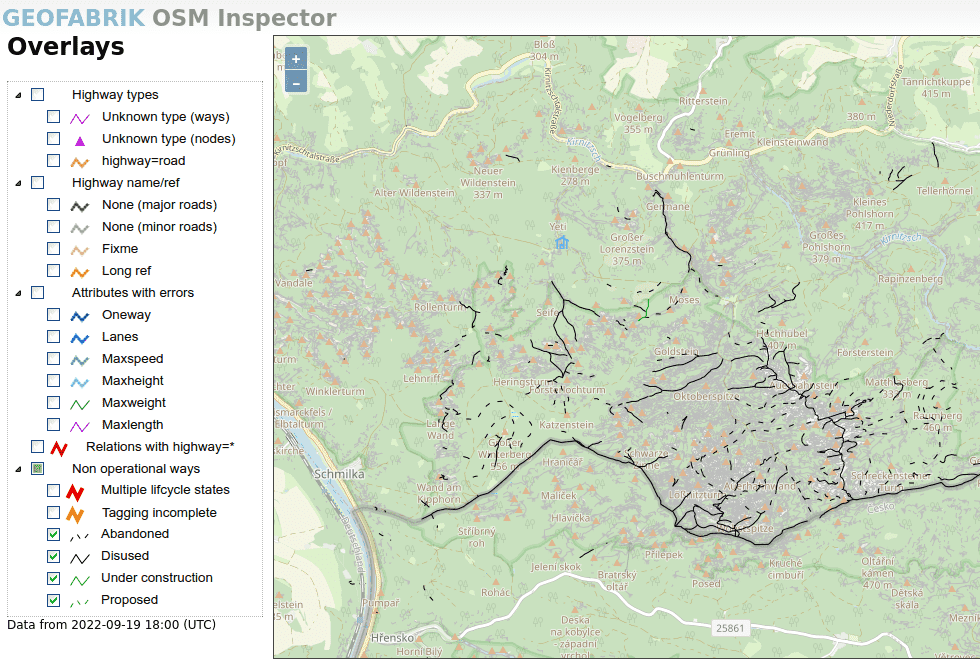 Screenshot of OSM Inspector showing abandoned and disused paths in Saxon Switzerland National Park