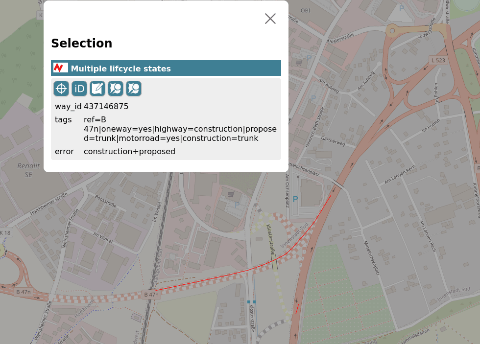 Screenshot of OSM Inspector showing a trunk road under construction with an additional proposed=* tag
