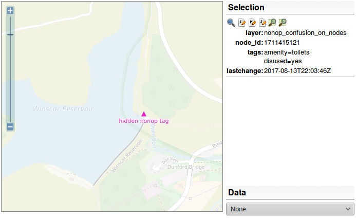 screen shot of OSM Inspector showing a toilet with disused=yes