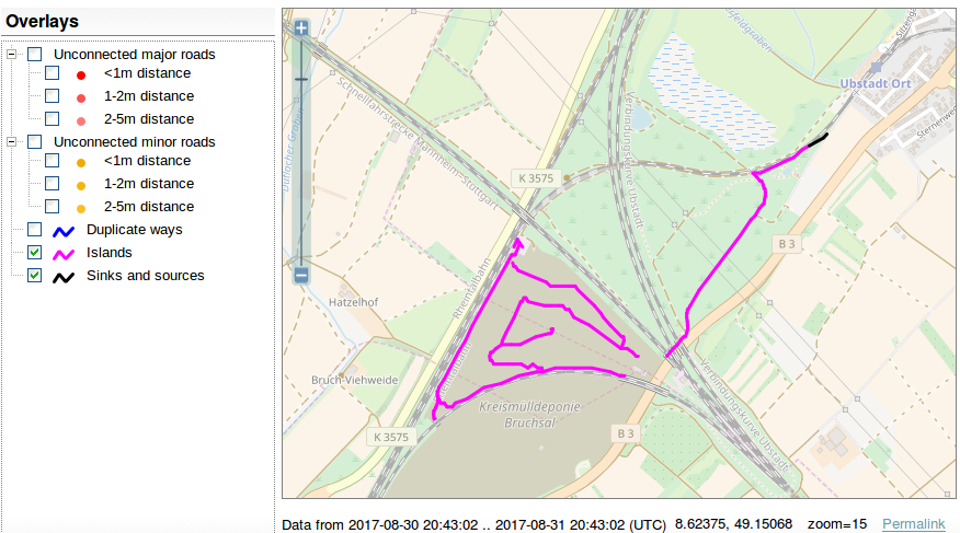 screen shot of OSMI showing islands and sinks & sources layer