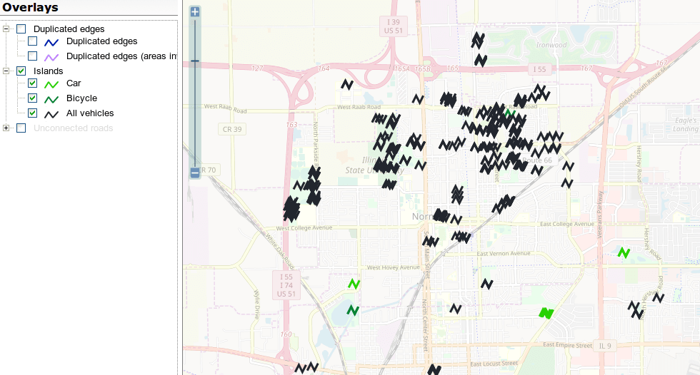 Screenshot of the OSM Inspector Routing view in Normal, Illinois, US