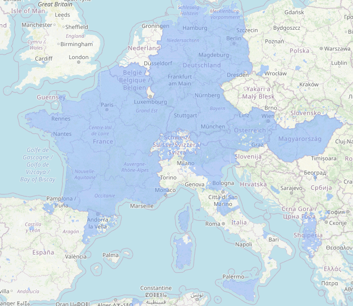 Screenshot of postcode coverage showing an OSM map of Europe