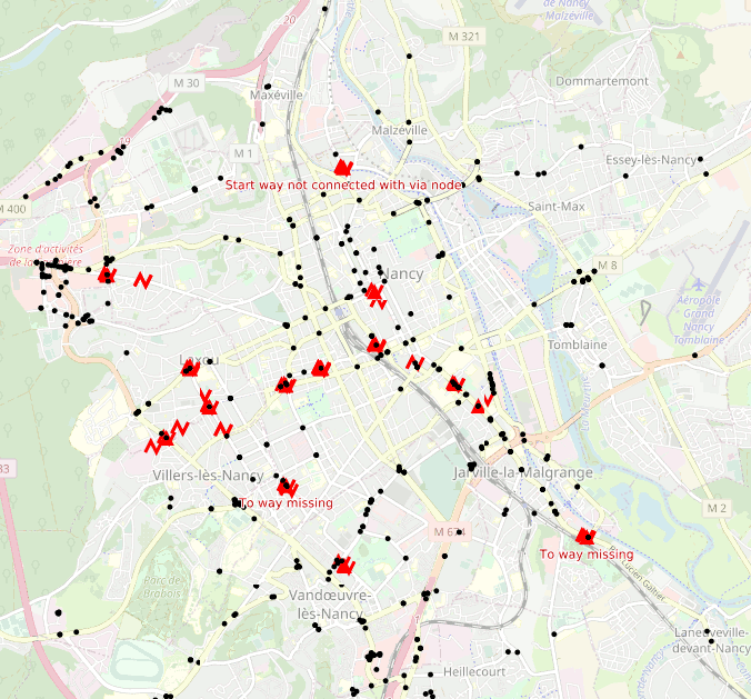 OSM Inspector screenshot showing turn restrictions – valid and invalid – in Nancy